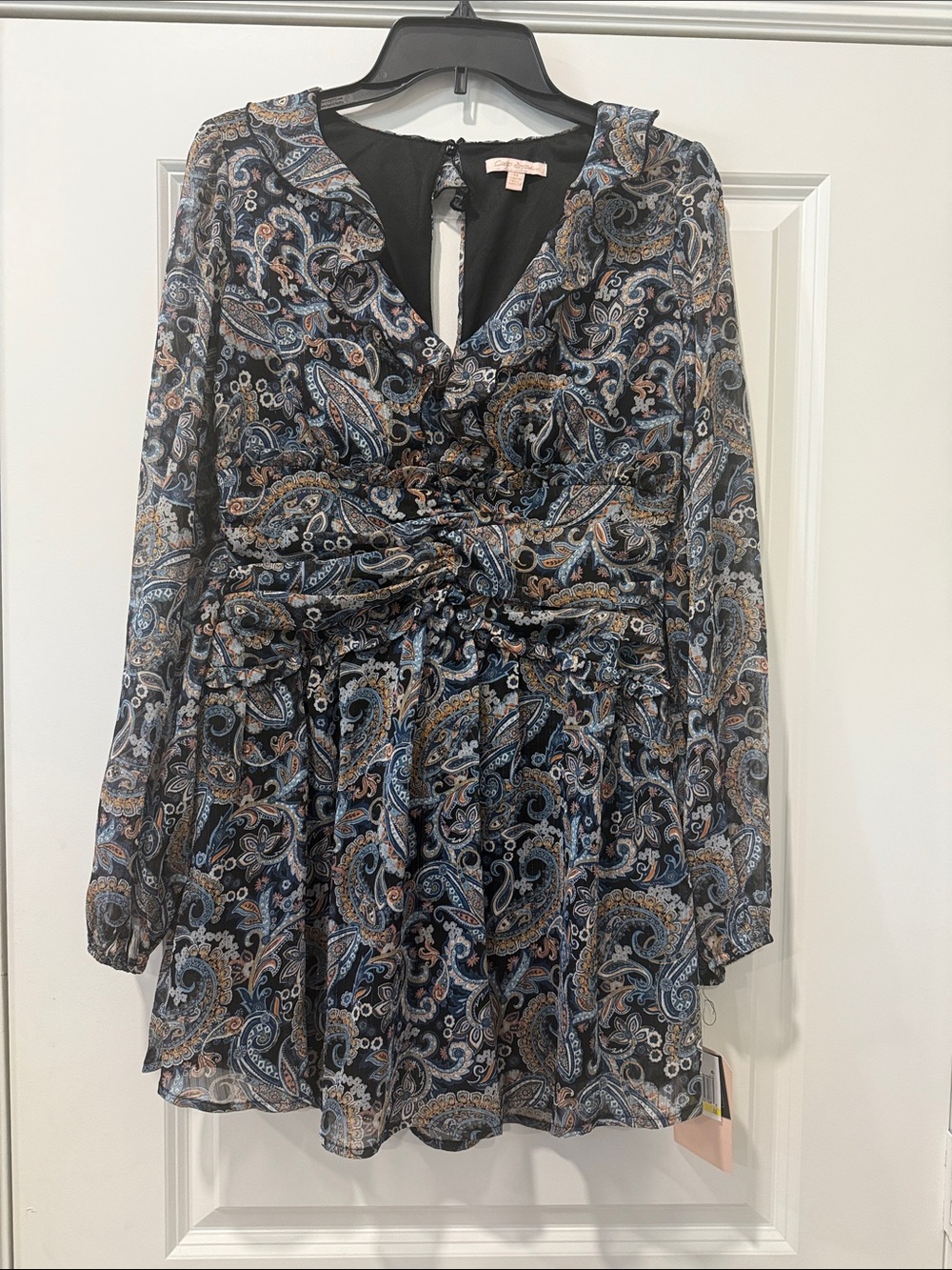 City Studio Navy Paisley Long-Sleeve Ruffle Dress with Blue and Tan Accents Sz M